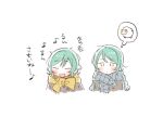  2girls :d bang_dream! blue_scarf blush bowwow_(hamju94) brown_coat coat eyes_closed green_eyes green_hair hikawa_hina hikawa_sayo imagining long_hair looking_at_another lowres multiple_girls music open_mouth scarf sheep short_hair siblings simple_background singing sisters smile translation_request twins upper_body white_background yellow_scarf 