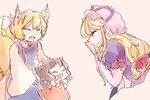  animal_ears blonde_hair bow brown_hair cat_ears chen closed_eyes comic dress fox_ears fox_tail hat hat_ribbon komaku_juushoku long_hair multiple_girls multiple_tails no_hat no_headwear open_mouth red_dress ribbon short_hair silent_comic smile tabard tail touhou white_dress yakumo_ran yakumo_yukari younger 