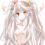  bad_id bad_pixiv_id blush breasts buran_(kure) flower hair_flower hair_in_mouth hair_ornament heterochromia highres long_hair looking_at_viewer medium_breasts nude original red_eyes simple_background solo triangle_mouth upper_body very_long_hair white_background yellow_eyes 