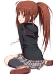  brown_hair cat_teaser from_behind little_busters! long_hair looking_back natsume_rin plaid plaid_skirt ponytail red_eyes school_uniform sitting skirt solo toguro_(ojui0101) wariza 