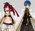  1girl blue_eyes blue_hair breasts chain cleavage crossed_arms earrings erza_scarlet fairy_tail grey_background holding holding_weapon jellal_fernandes jewelry large_breasts looking_at_viewer ponytail red_eyes red_hair see-through spiked_hair tattoo torn_clothes underboob weapon 