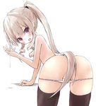  bad_id bad_pixiv_id blush buran_(kure) drill_hair flat_chest hair_censor long_hair looking_at_viewer open_mouth original simple_background solo suggestive_fluid thighhighs white_background 