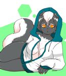  closed_mouth countershading ears_down female fluffy_tail hair hands hexagon hood hoodie huge_tail jacket kimichika lilith_666 looking_away lying mammal nails orange_eyes pink_nose red_nails short_hair signature skunk solo sweater thighs two_tone_hair zipper 