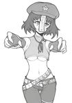  belt breasts cabbie_hat chinese_clothes contemporary fingerless_gloves gloves hat jiangshi medium_breasts midriff miyako_yoshika monochrome multiple_belts navel ofuda orz_(orz57) outstretched_arms pants short_hair solo star thigh_gap touhou underboob zombie_pose 