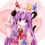  animal_ears bow brooch capelet cat_ears cat_tail coat crescent dress ear_pull hair_ribbon hat heart izumi_yuuji_(trace_kouhosei) jewelry kemonomimi_mode long_hair long_sleeves looking_at_viewer patchouli_knowledge pink_dress purple_eyes purple_hair ribbon smile solo tail touhou 