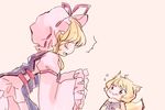  2girls :&gt; animal_ears blonde_hair comic dress fox_ears hat hat_ribbon komaku_juushoku lipstick long_hair makeup multiple_girls no_hat no_headwear ribbon short_hair silent_comic smile sparkle surprised tabard touhou white_dress yakumo_ran yakumo_yukari yellow_eyes younger 