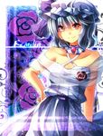  alternate_costume bare_arms bare_shoulders belt blue_dress blue_hair brooch choker collarbone dress flower fuuna_(conclusion) hand_on_hip hat hat_ribbon highres jewelry looking_at_viewer purple_flower purple_rose red_eyes remilia_scarlet ribbon ribbon_choker rose shawl short_hair sleeveless sleeveless_dress smirk solo striped striped_dress touhou 