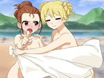  :3 annoyed beach blonde_hair blush brown_hair flat_chest forehead hisakawa_riho hoshii_miki idolmaster idolmaster_(classic) long_hair minase_iori multiple_girls nipples nude pointing pointing_at_viewer purple_eyes towel water 