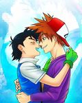  2boys black_hair brown_hair couple green_eyes male male_focus multiple_boys ookido_shigeru pokemon pokemon_(anime) satoshi_(pokemon) yaoi 