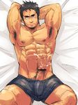  1boy armpit_hair bara black_hair boxers erection facial_hair goatee leg_hair penis stomach_hair underwear 