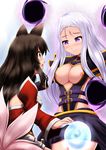  ahri animal_ears armor bare_shoulders belt black_hair blush breasts cleavage detached_sleeves facial_mark fox_ears fox_tail highres large_breasts league_of_legends long_hair medium_breasts multiple_girls multiple_tails nipple_slip nipples orb pauldrons purple_eyes silver_hair syndra tail very_long_hair whisker_markings xano yellow_eyes 