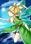  blonde_hair blush breasts collarbone flying full_moon green_eyes holding leafa long_hair medium_breasts moon ok-ray pointy_ears ponytail smile solo sword sword_art_online thighhighs weapon white_legwear wings 