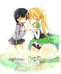  bad_id bad_pixiv_id black_hair blonde_hair closed_eyes dual_persona green_shirt kirigaya_suguha kneeling leafa long_hair multiple_girls pointy_ears ponytail school_uniform serafuku shirt short_hair skirt sweater sword_art_online ura_(ura-tennislove) 