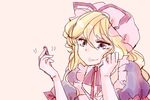  blonde_hair comic hat hat_ribbon komaku_juushoku lipstick long_hair makeup purple_eyes ribbon silent_comic smile solo touhou yakumo_yukari 