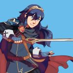  1girl armor blue_background blue_eyes blue_hair cape eyebrows fire_emblem fire_emblem:_kakusei frogbians gloves long_hair looking_at_viewer lucina matching_hair/eyes nintendo parted_lips simple_background smile solo sword tiara weapon 
