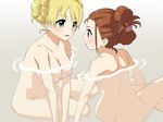  blonde_hair blush breasts brown_hair green_eyes hisakawa_riho hoshii_miki idolmaster idolmaster_(classic) large_breasts long_hair minase_iori multiple_girls nipples nude purple_eyes simple_background sitting water 