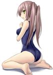  :o ass bare_legs bare_shoulders barefoot blush breasts brown_hair feet green_eyes long_hair looking_at_viewer looking_back medium_breasts one-piece_swimsuit original simple_background sitting soles solo swimsuit tsukumiya_amane twintails white_background 