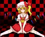  akenoin_soumon ascot between_legs bow checkered checkered_background checkered_floor expressionless flandre_scarlet hand_between_legs hat hat_bow kneehighs red_eyes short_hair side_ponytail sitting skirt skirt_set solo touhou white_legwear wings 