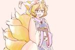  blonde_hair comic dress fox_tail hat komaku_juushoku multiple_tails open_mouth silent_comic smile solo tabard tail touhou white_dress yakumo_ran yellow_eyes 