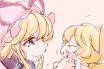  animal_ears blonde_hair closed_eyes comic fox_ears hat hat_ribbon komaku_juushoku lipstick long_hair makeup multiple_girls no_hat no_headwear purple_eyes ribbon short_hair silent_comic smile touhou yakumo_ran yakumo_yukari younger 