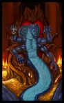  2012 blue_eyes claws forked_tongue four_arms glowing_eyes looking_at_viewer male naga scalie sitting skull snake solo throne toned tongue tongue_out treasure whitemantis 