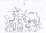  2boys anime araki_shingo aries_mu aries_muu armor himeno_michi horns lemurian leo_aiolia lineart male male_focus multiple_boys production saint_seiya settei sheep_horns sketch 