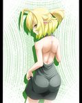  ahoge ass back backless_dress backless_outfit blonde_hair dress green_eyes highres looking_back mizuhashi_parsee pillarboxed pointy_ears profile short_hair short_ponytail solo touhou yuuki_(yukigeshou_hyouka) 