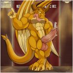  aaron_(artist) abs amber_eyes anthro balls biceps big_balls big_muscles big_penis bouncer claws door dragon erection horn looking_at_viewer male muscles nipples nude open_mouth pecs penis pepsi_(fa) pose precum saliva scalie security solo toe_claws tongue tongue_out vein wings yellow_dragon 