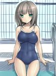  aqua_eyes bare_shoulders blush breasts covered_navel fence impossible_clothes impossible_swimsuit long_hair medium_breasts one-piece_swimsuit original silver_hair sitting sketch solo swimsuit thigh_gap tsukumiya_amane water 