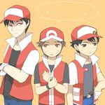  black_hair brown_eyes brown_hair dual_persona pokemon pokemon_(game) pokemon_frlg pokemon_hgss pokemon_rgby red_(pokemon) red_(pokemon)_(classic) red_(pokemon)_(remake) red_eyes size_difference 