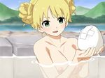  alternate_hairstyle bandages blonde_hair blush breasts double_bun egg green_eyes hair_up happy hisakawa_riho hoshii_miki idolmaster idolmaster_(classic) large_breasts nipples nude onsen smile solo water 