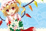  ascot blonde_hair blue_background bouquet choker fangs flandre_scarlet floral_background flower hat katagiri_chisato open_mouth red_eyes ribbon_choker short_hair side_ponytail skirt smile solo touhou wings 