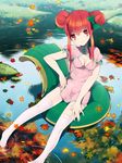  autumn_leaves bow breasts chair double_bun hair_bow highres leaf looking_at_viewer maple_leaf medium_breasts original red_eyes red_hair ripples rugo sitting smile solo thighhighs water white_legwear 