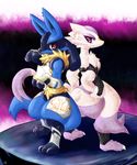  abstract_background anthro armor back_to_back belt black_fur blue_fur bottomless breasts claws clothed clothing digitigrade duo female fur half-dressed looking_back lucario markings mienshao nintendo open_mouth pink_eyes plantigrade pok&#233;mon pok&#233;morph pok&eacute;mon pose purple_fur socks_(marking) standing stone toe_claws topless unknown_artist video_games white_fur yellow_fur 