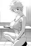  ahoge breasts camisole cleavage cynthia_the_mission glasses greyscale highres huge_breasts looking_at_viewer midriff monochrome navel panties short_hair smile solo takatou_rui takaya_kanae taut_clothes tile_floor tiles underwear 