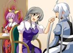  2girls ahoge aura be_(o-hoho) bow breasts brush calligraphy_brush chair choker derivative_work feeding food glasses grey_eyes grey_hair hair_bow jealous katana large_breasts long_hair long_sleeves morichika_rinnosuke multiple_girls open_mouth paintbrush paper parody ponytail puffy_short_sleeves puffy_sleeves purple_eyes purple_hair short_hair short_sleeves sitting sweatdrop sword table touhou tsuyokiss very_long_hair watatsuki_no_toyohime watatsuki_no_yorihime weapon white_hair 