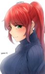  1girl blush breasts commentary english_commentary eyebrows_visible_through_hair green_eyes highres large_breasts long_hair nas_(z666ful) ponytail pyrrha_nikos red_hair rwby very_long_hair 