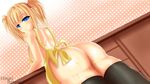  apron ass bad_id bad_pixiv_id blonde_hair blue_eyes highres looking_back naked_apron oinari_risuru original solo thighhighs twintails watermark wet 