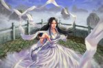  black_eyes black_hair cloud collarbone condor_trilogy day dress foreshortening lips mountain return_of_the_condor_heroes sash sky solo whisperingsoul xiao_long_nu 
