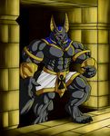  2012 abs anthro anubian_jackal anubis biceps black_fur canine claws clothed clothing deity facial_hair fur goatee half-dressed jackal male mammal muscles pecs pose red_eyes solo standing toe_claws topless 