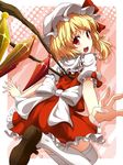  :d blonde_hair blush fang flandre_scarlet hat hat_ribbon leg_up looking_at_viewer mount_whip open_mouth outstretched_arms red_eyes ribbon side_ponytail smile solo thighhighs touhou white_legwear wings 