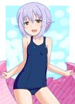  :d blanket blush brown_eyes grey_hair idolmaster idolmaster_cinderella_girls koshimizu_sachiko kurabayashi_aya looking_at_viewer one-piece_swimsuit open_mouth school_swimsuit short_hair smile solo swimsuit 