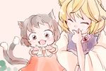  animal_ears blonde_hair bow brown_eyes brown_hair cat_ears cat_tail chen closed_eyes comic dress fox_ears komaku_juushoku licking multiple_girls multiple_tails nekomata no_hat no_headwear open_mouth red_dress short_hair silent_comic smile tabard tail touhou white_dress yakumo_ran younger 