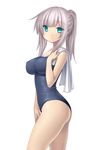  ass bare_shoulders blue_eyes blush breasts cowboy_shot holding impossible_clothes impossible_swimsuit large_breasts long_hair looking_at_viewer one-piece_swimsuit original ponytail silver_hair simple_background solo swimsuit thighs towel tsukumiya_amane white_background 