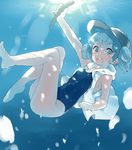  arm_up beret blue_eyes blue_hair blush cucumber diving hat highres kawashiro_nitori looking_at_viewer masaizo one-piece_swimsuit open_clothes open_mouth open_shirt school_swimsuit shirt smile solo sunlight swimsuit touhou two_side_up underwater 