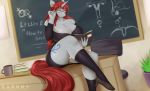  anthro big_breasts book breasts chalkboard classroom clothing cutie_mark equine eyewear fan_character female footwear glasses harnny horn huge_breasts mammal mature_female my_little_pony school shoes sitting smile solo teacher unicorn voluptuous 