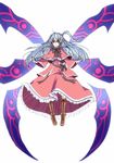  boots bow capelet cross-laced_footwear dress hair_bobbles hair_ornament knee_boots kuronuko_neero lace-up_boots long_hair long_sleeves looking_at_viewer multiple_wings one_side_up open_mouth purple_eyes red_capelet red_dress ribbon shinki silver_hair solo touhou touhou_(pc-98) wide_sleeves wings 