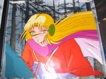  1girl anime araki_shingo blonde_hair cape cell female forest green_eyes highres himeno_michi ingrid_(saint_seiya) inoue_eisaku nature nordic production riding saint_seiya 