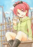  :d boots building cloud day food hamburger holding long_hair mahou_shoujo_madoka_magica millipen_(medium) open_mouth ponytail red_eyes red_hair sakura_kyouko shorts sitting sky skyscraper smile solo takeshisu traditional_media 