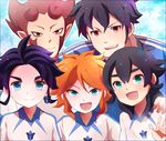  amemiya_taiyou hyoudou_tsukasa inazuma_eleven_(game) inazuma_eleven_(series) inazuma_eleven_go inazuma_eleven_go_strikers_2013 kakumei_senbatsu kishibe_taiga mahoro_tadashi male_focus moyuchocolats multiple_boys open_mouth smile soccer_uniform sportswear yukimura_hyouga 